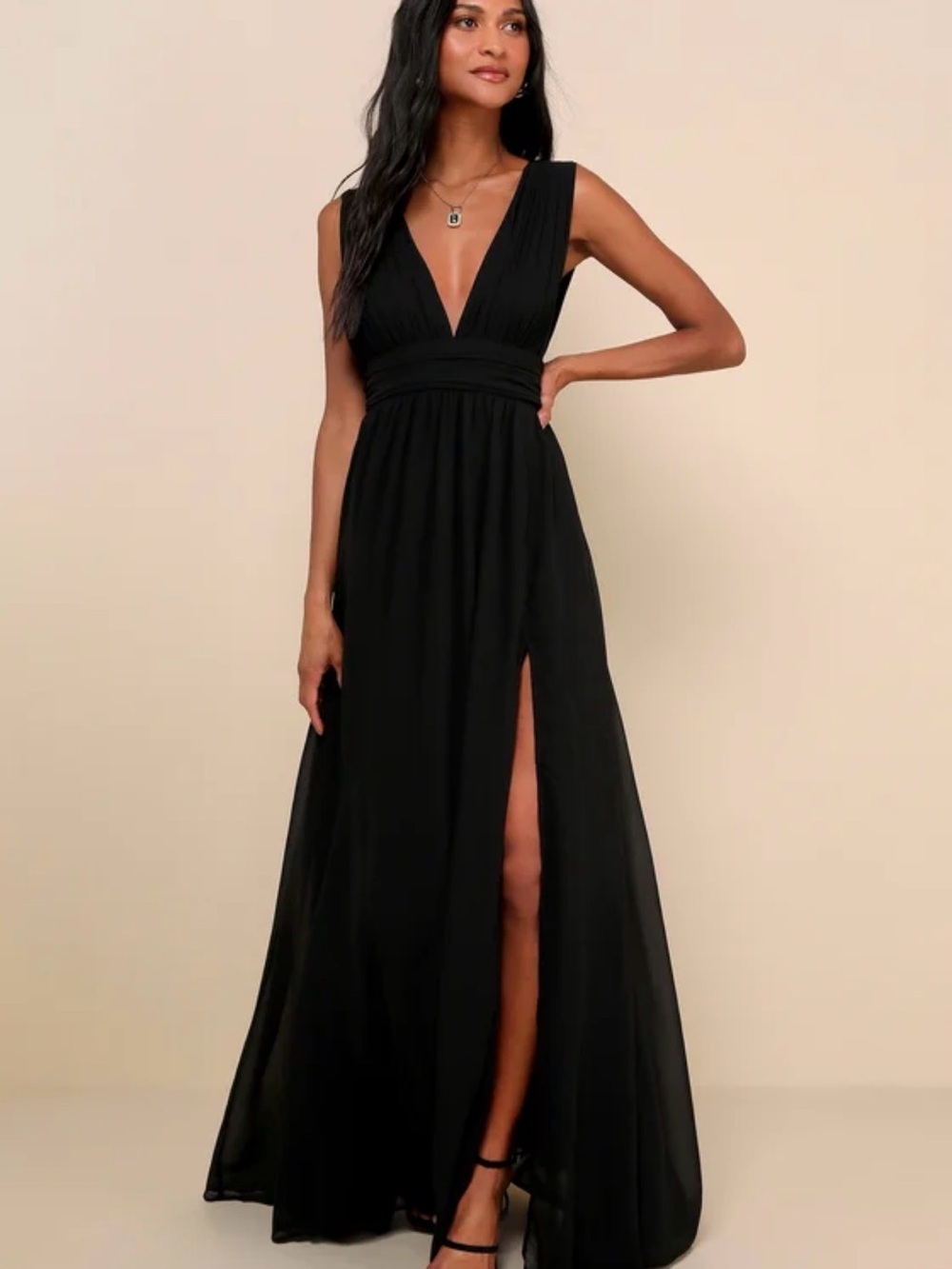 Lulu's Black Plus Size V-Neck Maxi Dress with High Slit